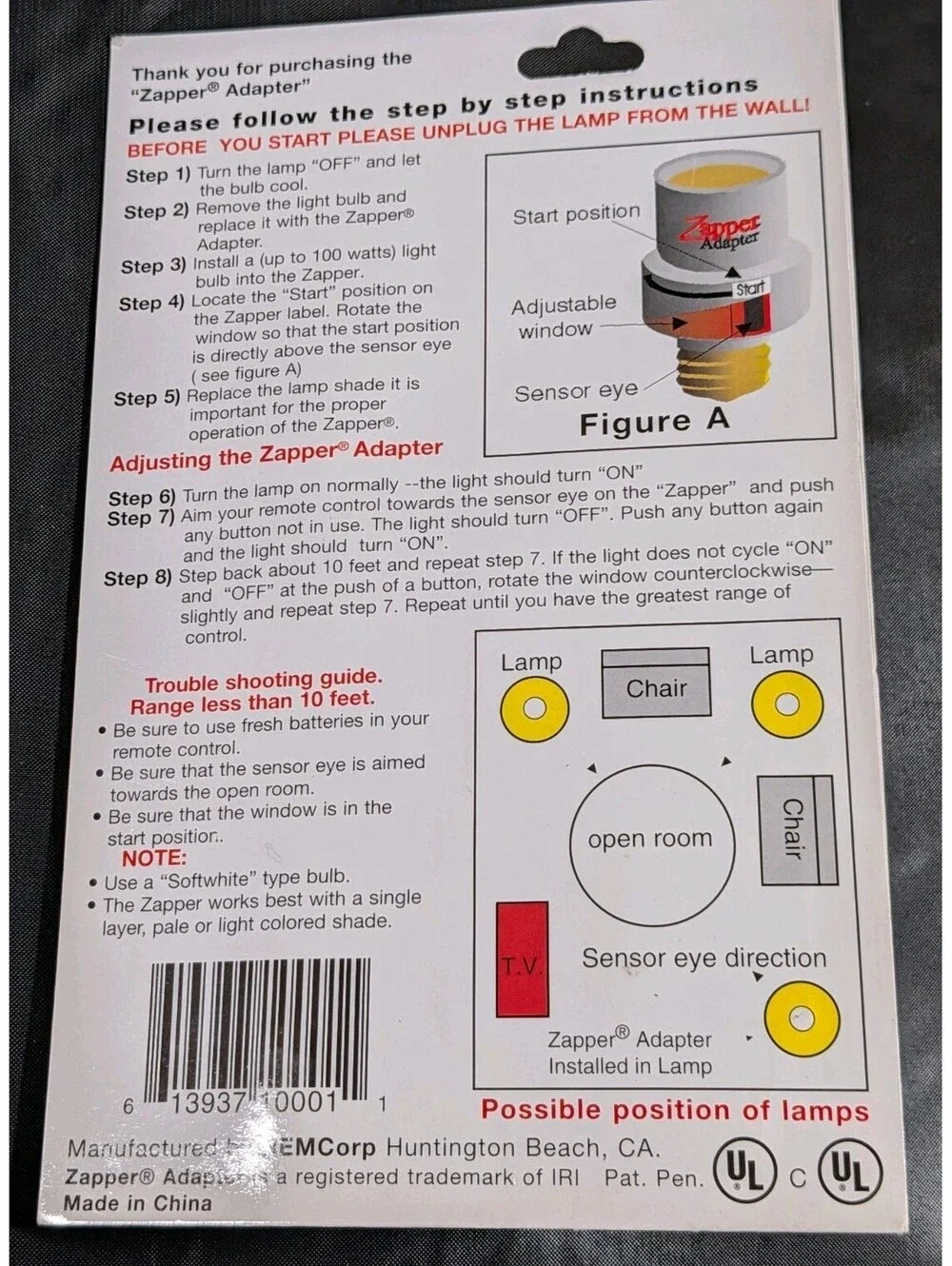 The Zapper Adapter Remote Control Lamp Adapter Works on all standard lamps - NEW